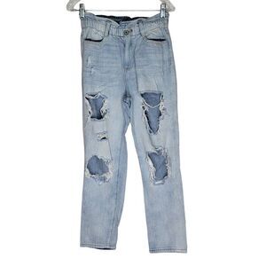 Kancan Women's Destroyed Straight Jeans Size 3 Light Wash Blue Denim 25x26